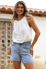 Genevieve Top - Crew Neck Sleeveless Linen Blend Top in White