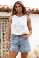Genevieve Top - Crew Neck Sleeveless Linen Blend Top in White