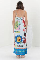 Genie Maxi Dress - Eye Catching Sun Dress with Bow Detail at the Back in Jade Print Blue