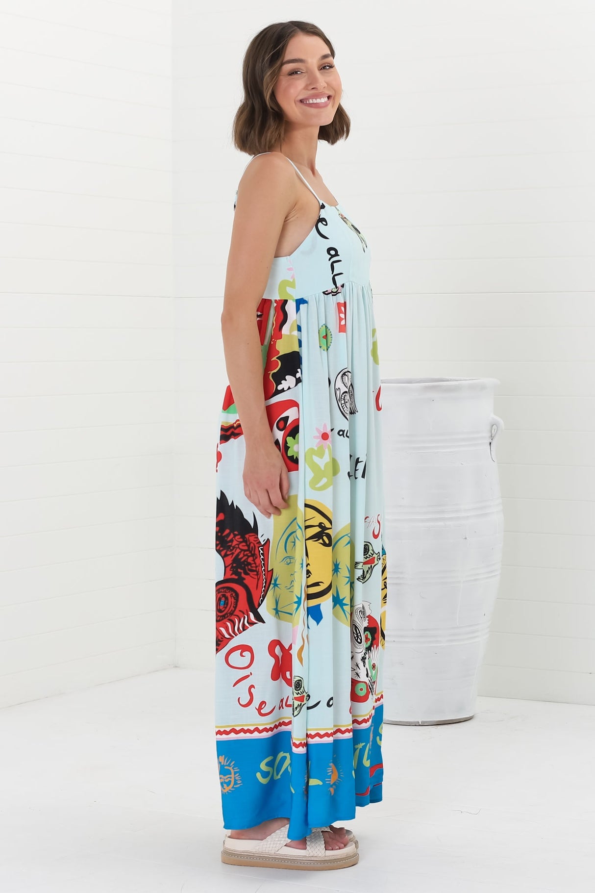 Genie Maxi Dress - Eye Catching Sun Dress with Bow Detail at the Back in Jade Print Blue