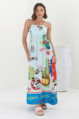 Genie Maxi Dress - Eye Catching Sun Dress with Bow Detail at the Back in Jade Print Blue