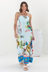 Genie Maxi Dress - Eye Catching Sun Dress with Bow Detail at the Back in Jade Print Blue