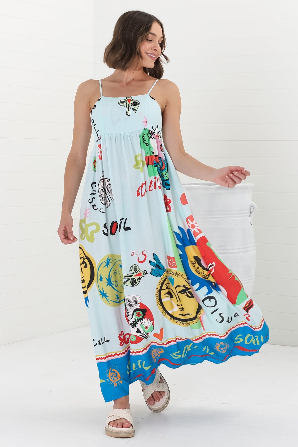 Genie Maxi Dress - Eye Catching Sun Dress with Bow Detail at the Back in Jade Print Blue