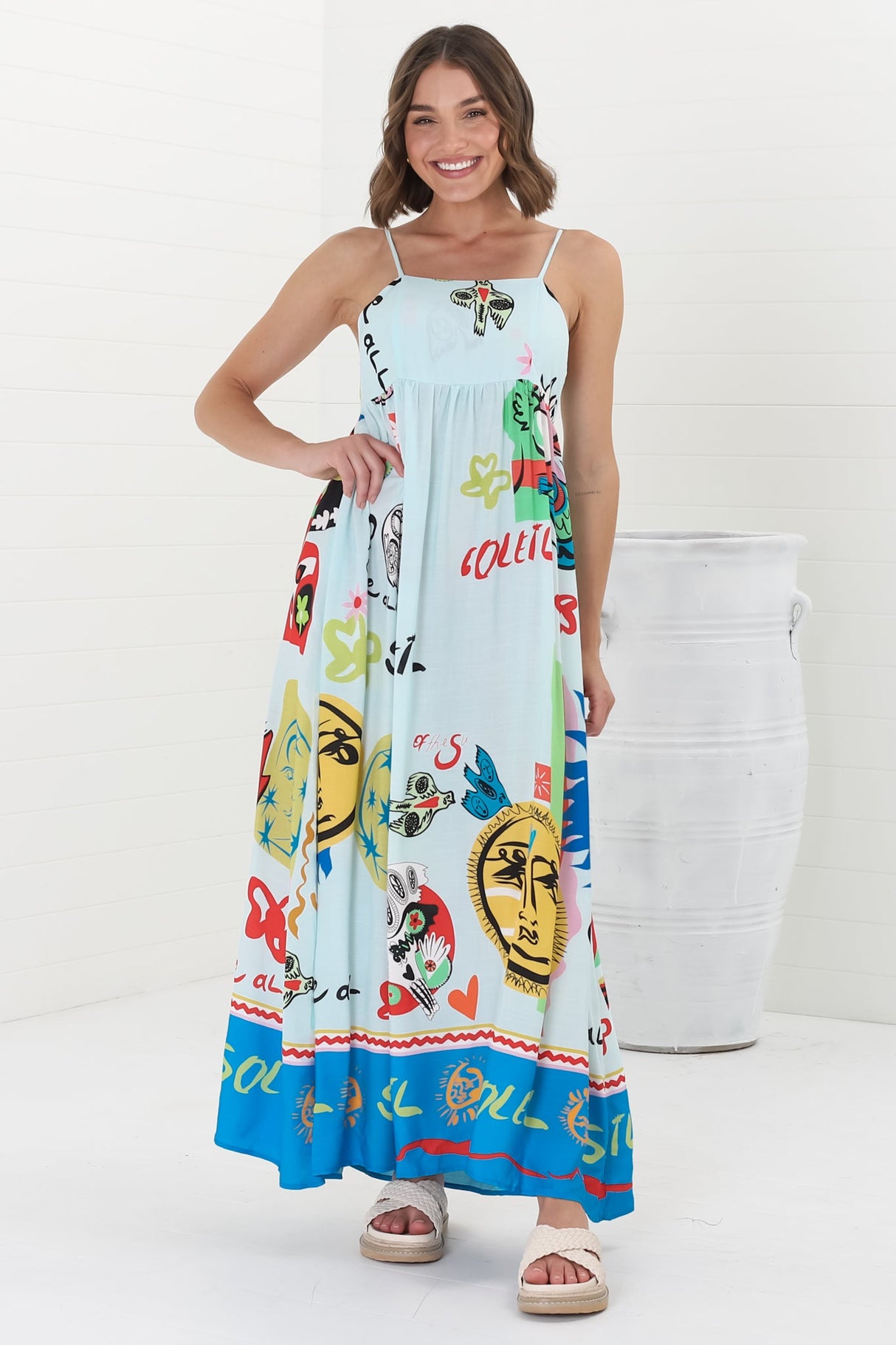 Genie Maxi Dress - Eye Catching Sun Dress with Bow Detail at the Back in Jade Print Blue