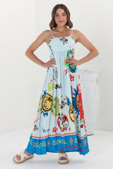 Genie Maxi Dress - Eye Catching Sun Dress with Bow Detail at the Back in Jade Print Blue