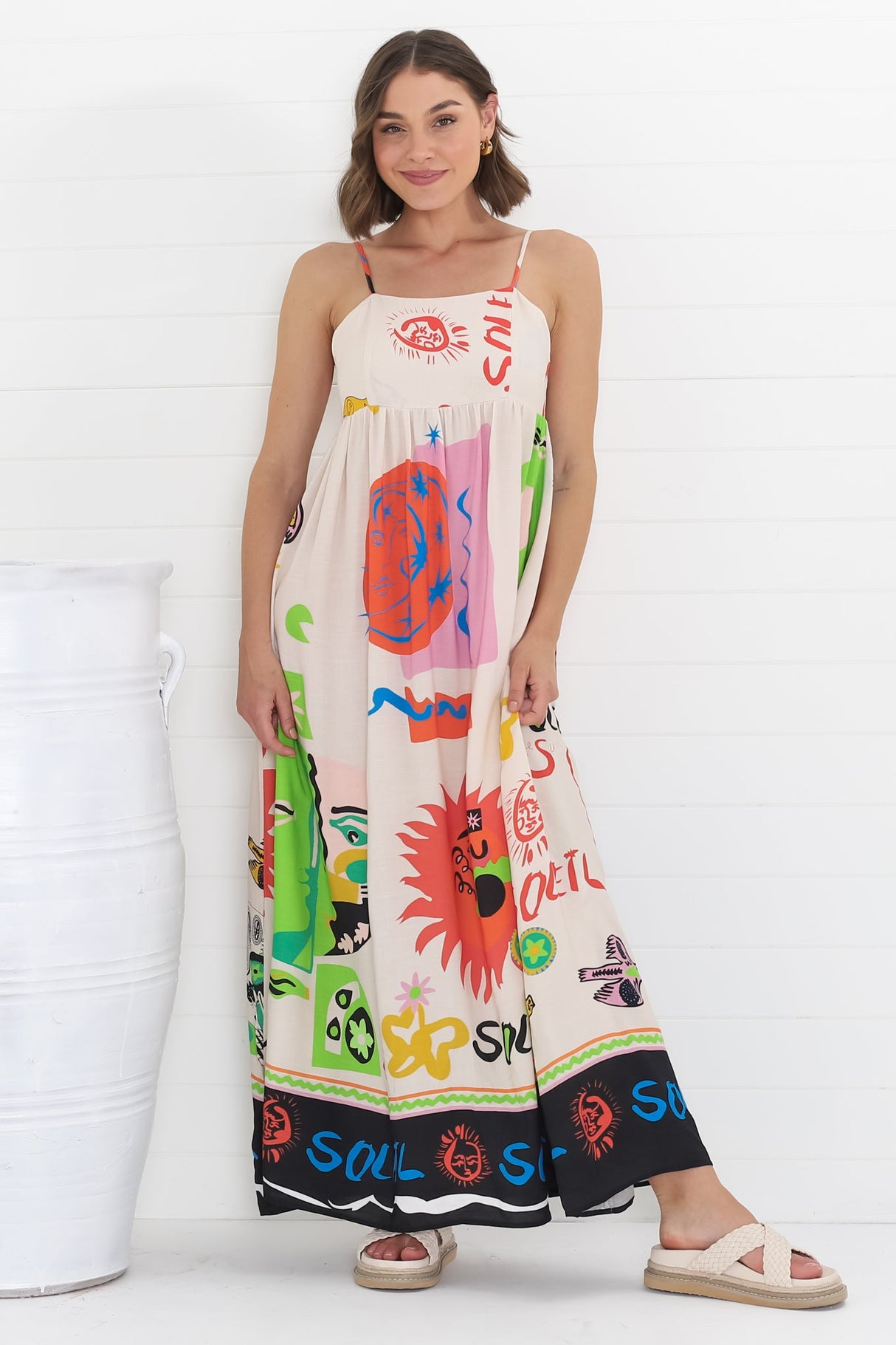 Genie Maxi Dress - Eye Catching Sun Dress with Bow Detail at the Back in Jade Print Cream