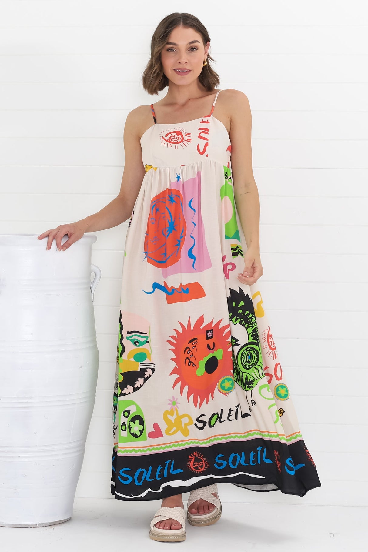 Genie Maxi Dress - Eye Catching Sun Dress with Bow Detail at the Back in Jade Print Cream