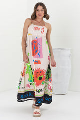 Genie Maxi Dress - Eye Catching Sun Dress with Bow Detail at the Back in Jade Print Cream