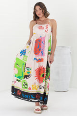 Genie Maxi Dress - Eye Catching Sun Dress with Bow Detail at the Back in Jade Print Cream