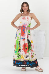 Genie Maxi Dress - Eye Catching Sun Dress with Bow Detail at the Back in Jade Print Cream