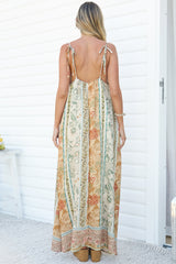 Georgette Maxi Dress - V Neck Lace Motif Sun Dress with Adjustable Straps in Lyla Print