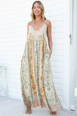 Georgette Maxi Dress - V Neck Lace Motif Sun Dress with Adjustable Straps in Lyla Print