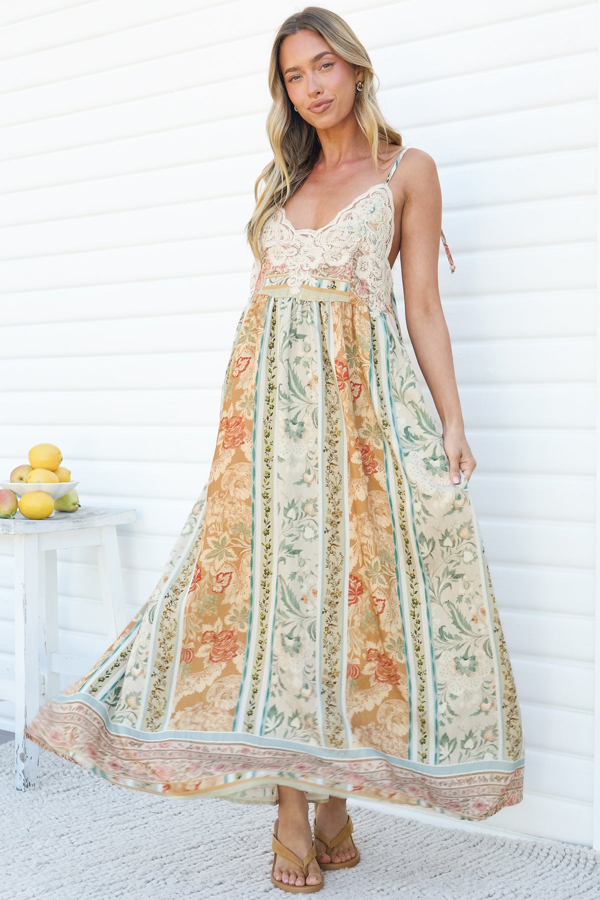 Georgette Maxi Dress - V Neck Lace Motif Sun Dress with Adjustable Straps in Lyla Print