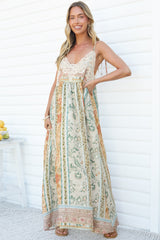 Georgette Maxi Dress - V Neck Lace Motif Sun Dress with Adjustable Straps in Lyla Print