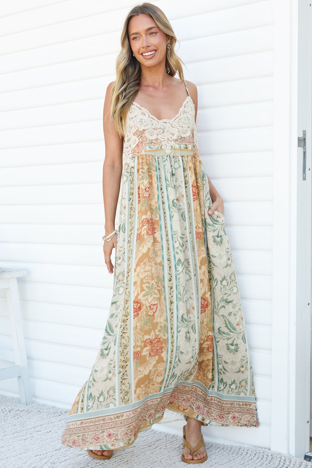 Georgette Maxi Dress - V Neck Lace Motif Sun Dress with Adjustable Straps in Lyla Print
