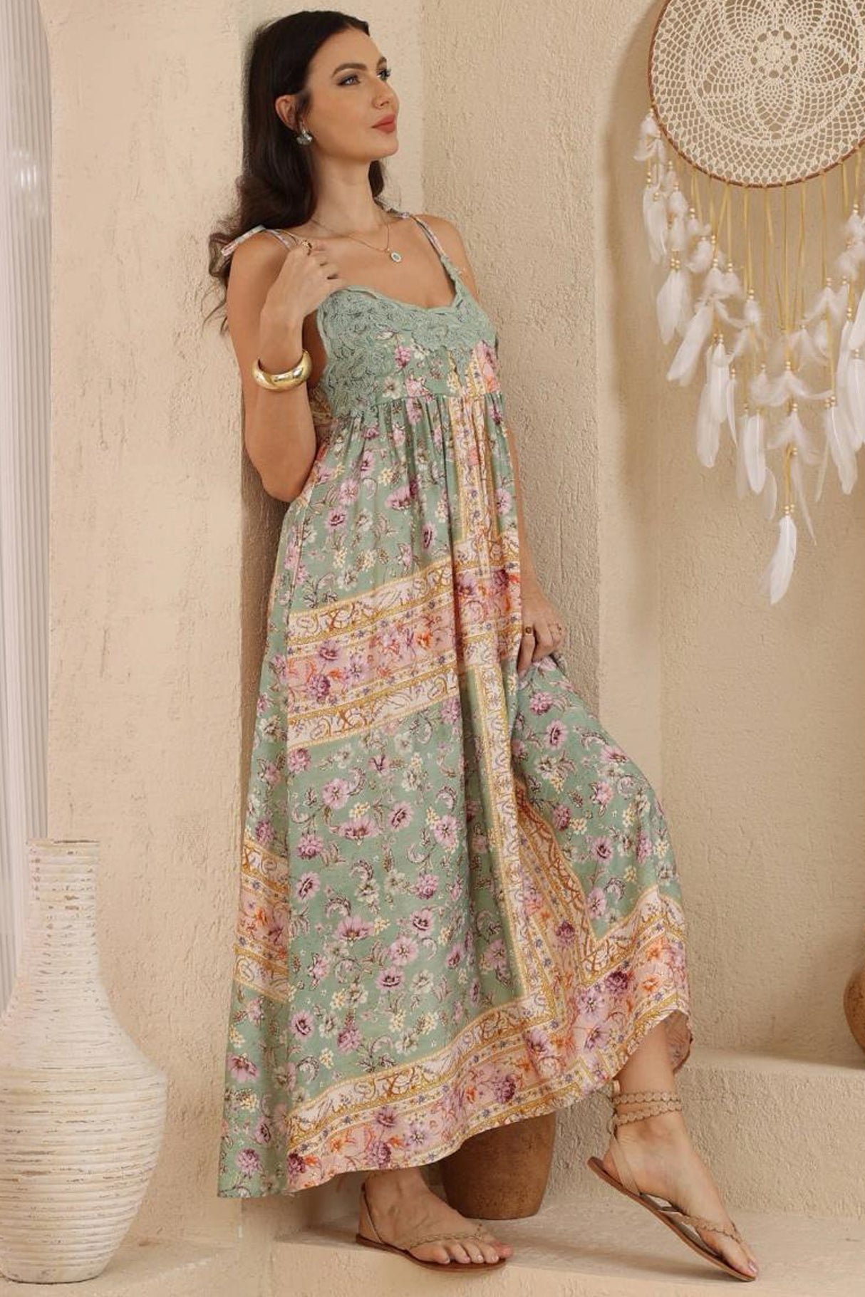Georgette Maxi Dress - V Neck Lace Motif Sun Dress with Adjustable Straps in Ottilie Print