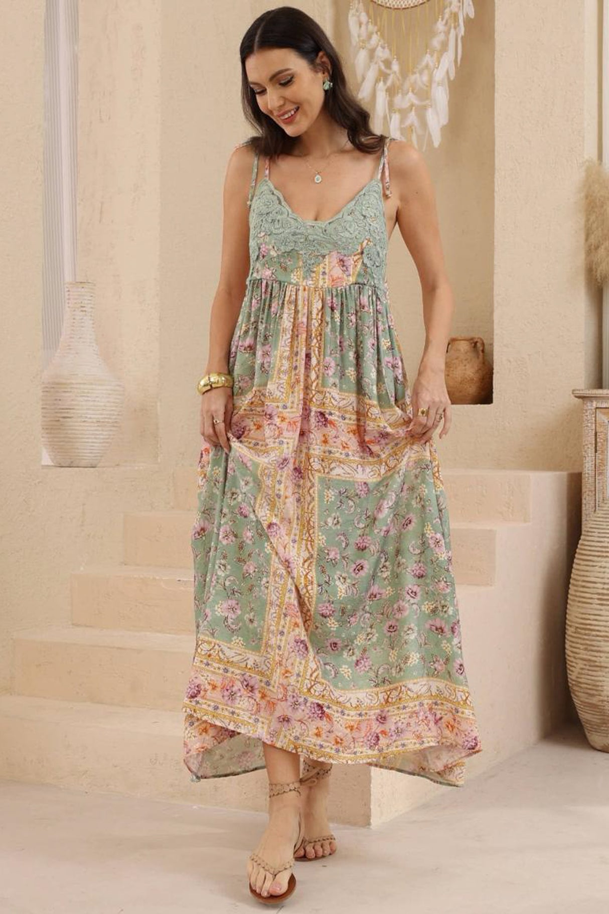 Georgette Maxi Dress - V Neck Lace Motif Sun Dress with Adjustable Straps in Ottilie Print