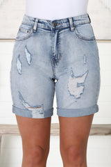 Georgia Distressed Detail Long Denim Shorts in Mid Wash Denim