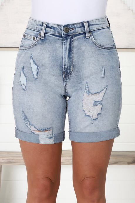 Georgia Distressed Detail Long Denim Shorts in Mid Wash Denim