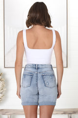 Georgia Distressed Detail Long Denim Shorts in Mid Wash Denim