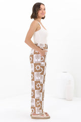 Georgie Pants - High Waisted Relaxed Straight Leg Pants in Layah Print Beige