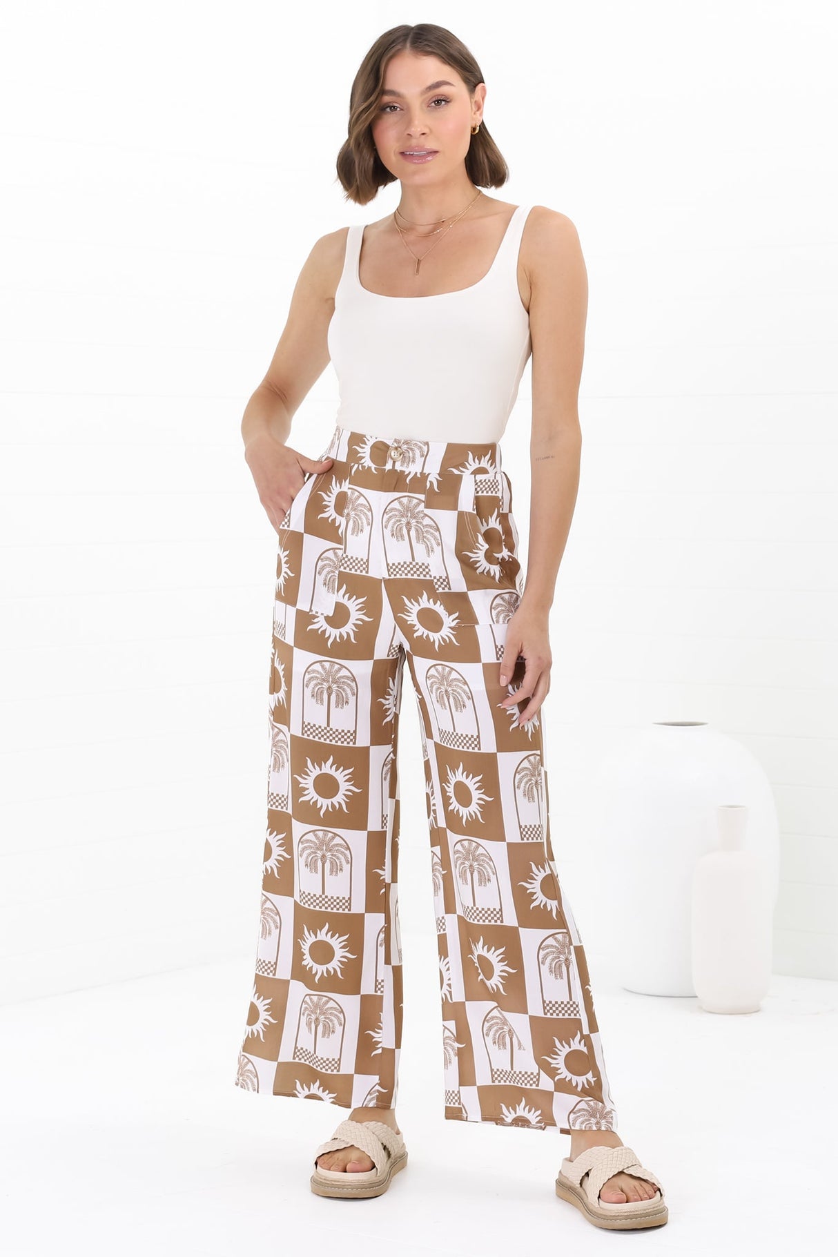 Georgie Pants - High Waisted Relaxed Straight Leg Pants in Layah Print Beige