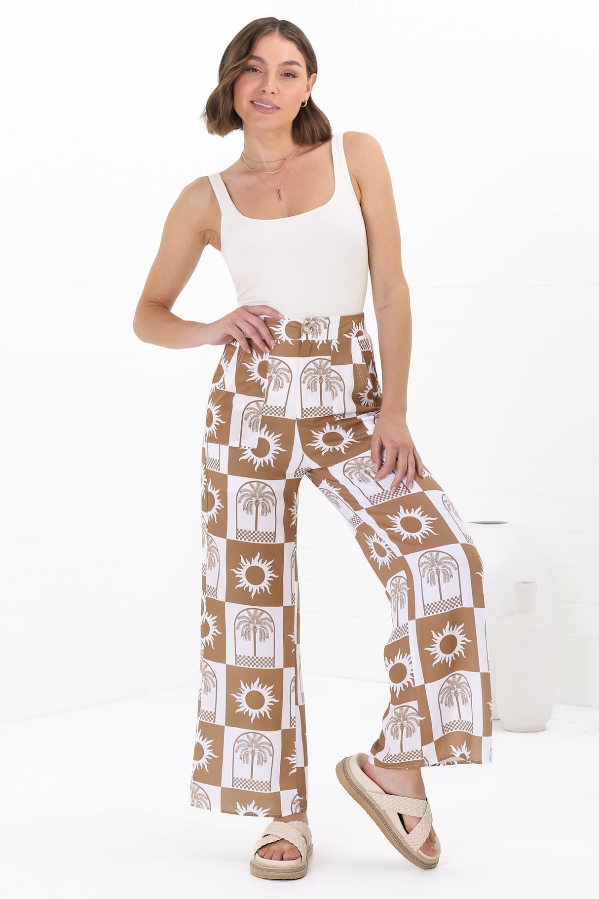 Georgie Pants - High Waisted Relaxed Straight Leg Pants in Layah Print Beige