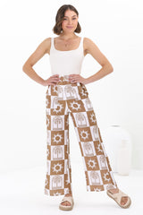 Georgie Pants - High Waisted Relaxed Straight Leg Pants in Layah Print Beige