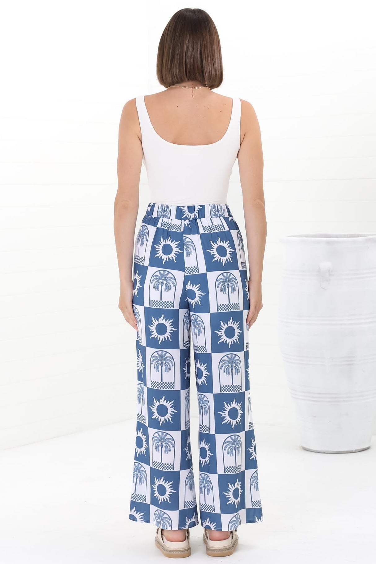 Georgie Pants - High Waisted Relaxed Straight Leg Pants in Layah Print Blue