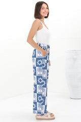 Georgie Pants - High Waisted Relaxed Straight Leg Pants in Layah Print Blue