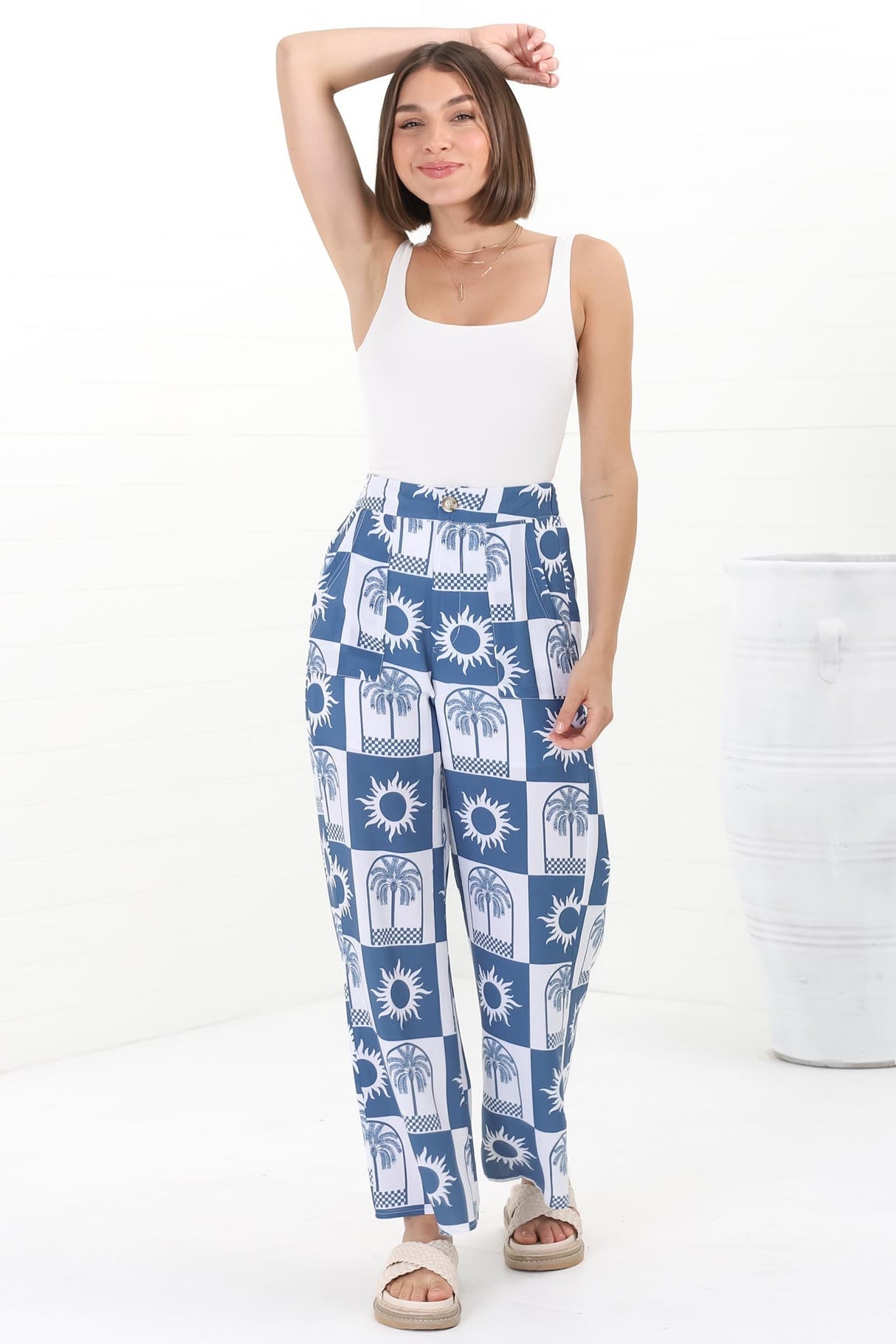 Georgie Pants - High Waisted Relaxed Straight Leg Pants in Layah Print Blue