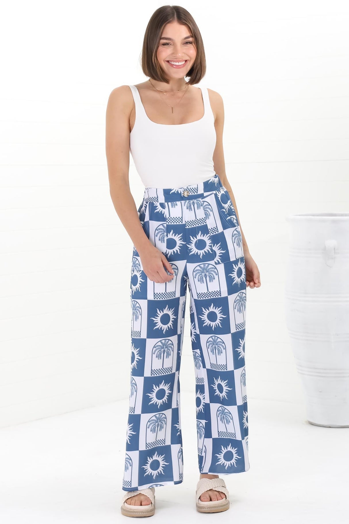 Georgie Pants - High Waisted Relaxed Straight Leg Pants in Layah Print Blue