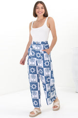 Georgie Pants - High Waisted Relaxed Straight Leg Pants in Layah Print Blue