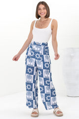 Georgie Pants - High Waisted Relaxed Straight Leg Pants in Layah Print Blue