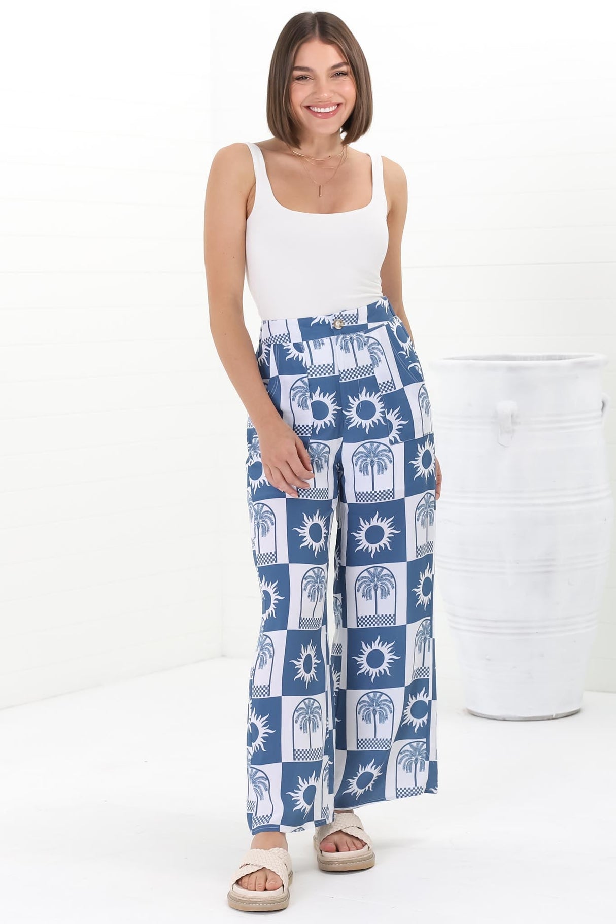 Georgie Pants - High Waisted Relaxed Straight Leg Pants in Layah Print Blue