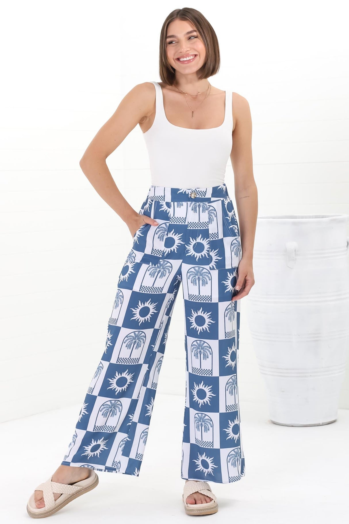 Georgie Pants - High Waisted Relaxed Straight Leg Pants in Layah Print Blue