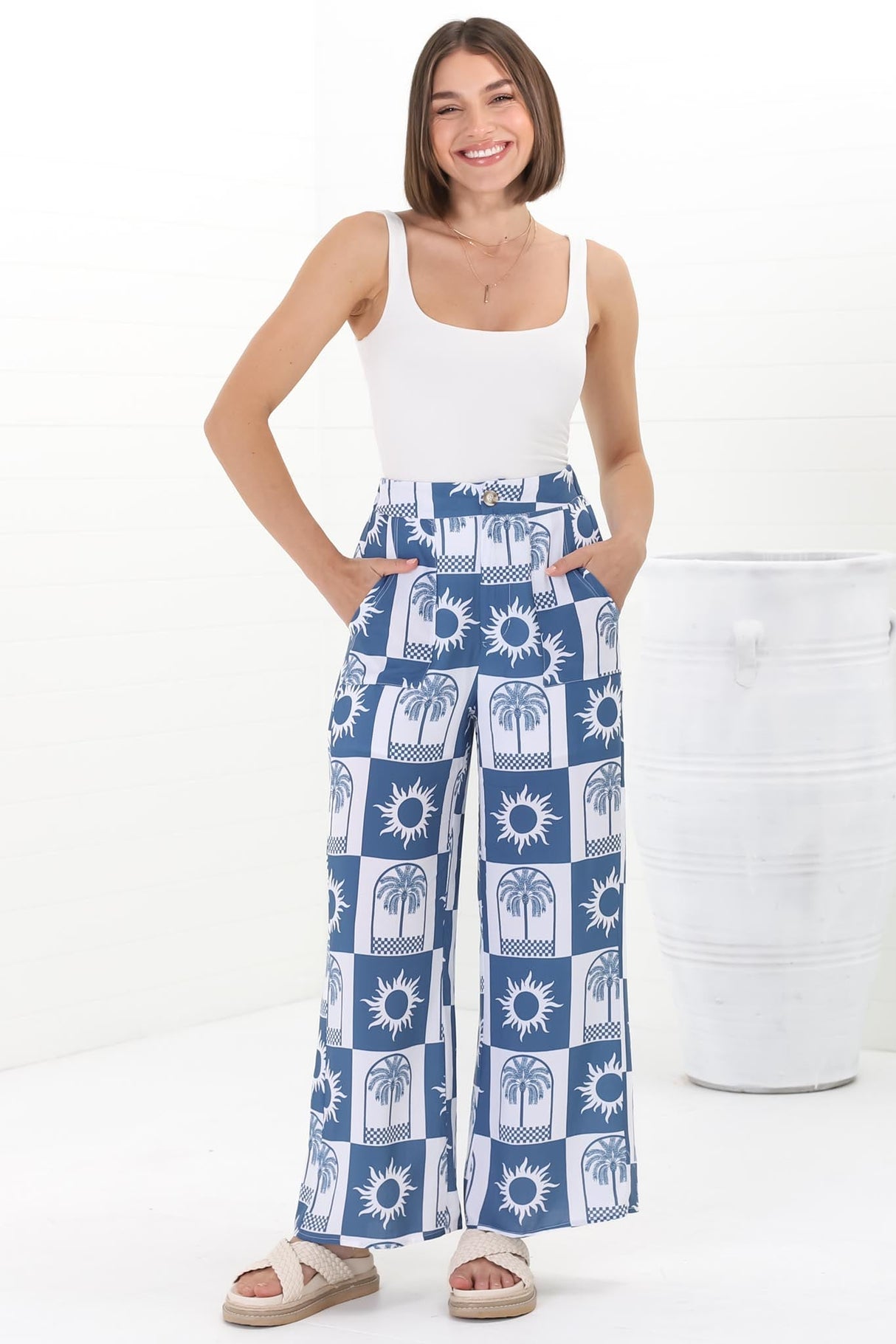 Georgie Pants - High Waisted Relaxed Straight Leg Pants in Layah Print Blue