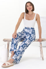 Georgie Pants - High Waisted Relaxed Straight Leg Pants in Layah Print Blue