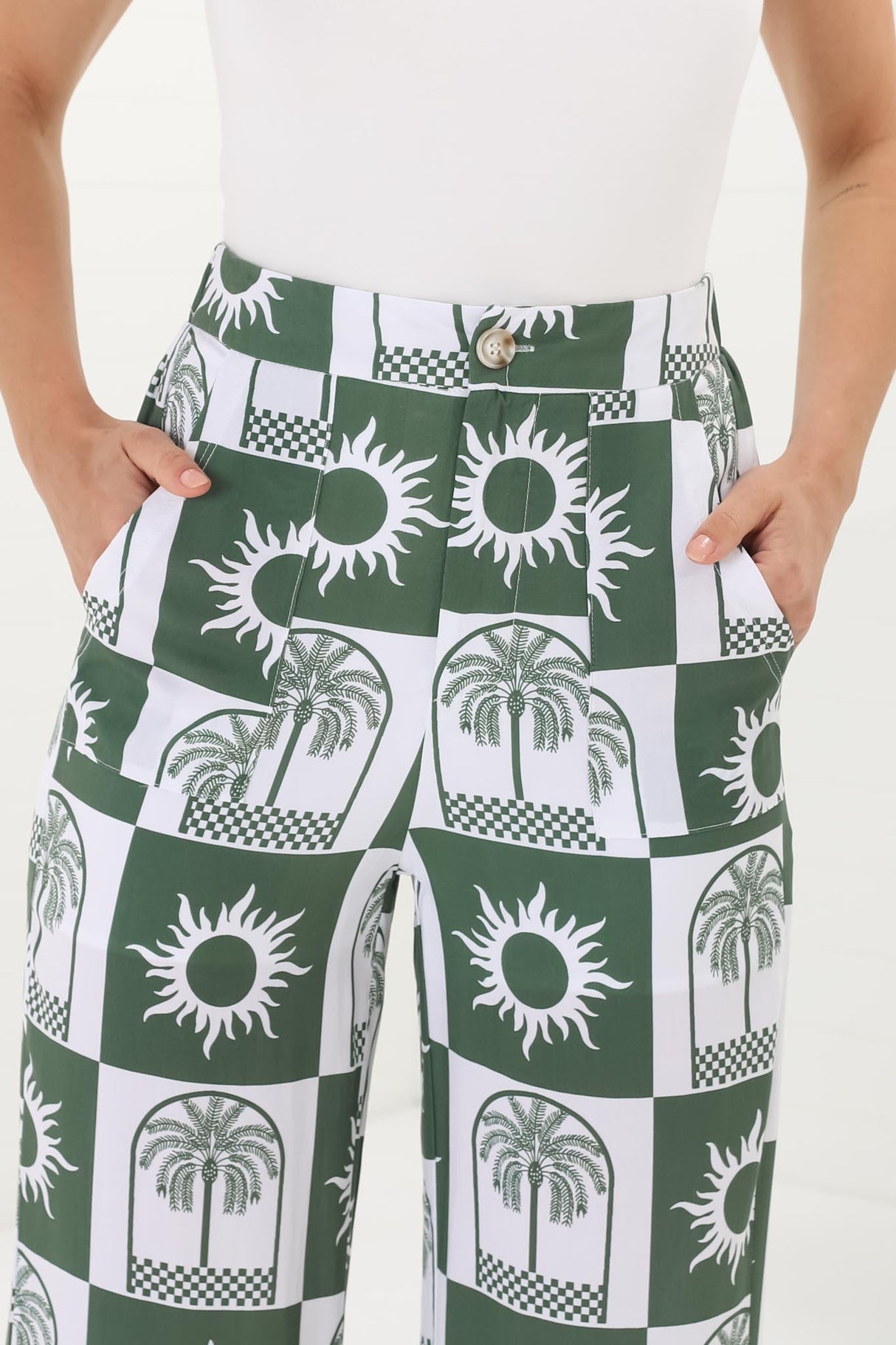 Georgie Pants - High Waisted Relaxed Straight Leg Pants in Layah Print Green