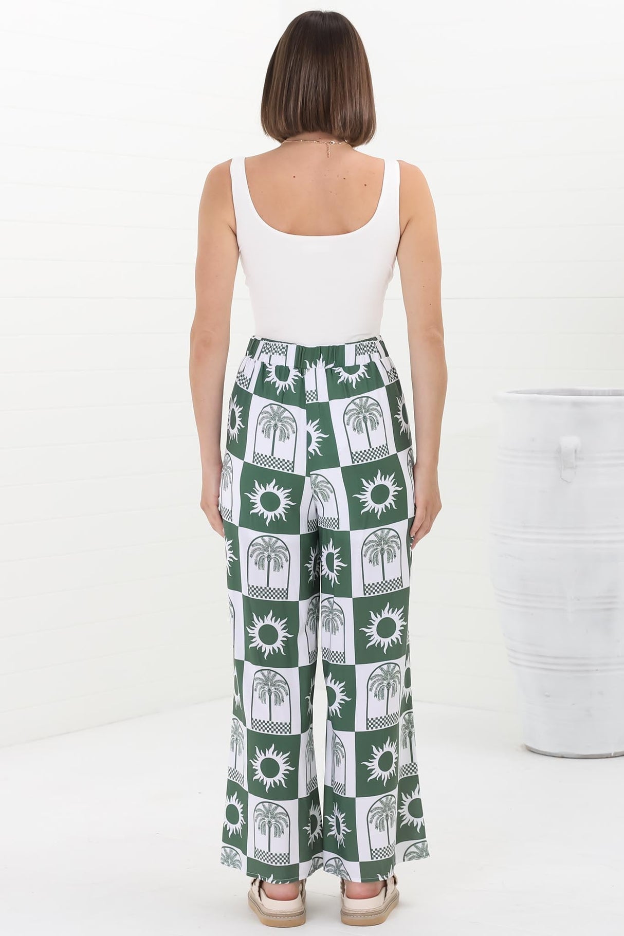 Georgie Pants - High Waisted Relaxed Straight Leg Pants in Layah Print Green