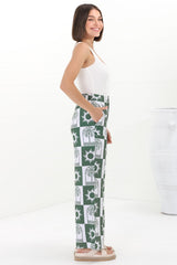 Georgie Pants - High Waisted Relaxed Straight Leg Pants in Layah Print Green