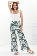 Georgie Pants - High Waisted Relaxed Straight Leg Pants in Layah Print Green