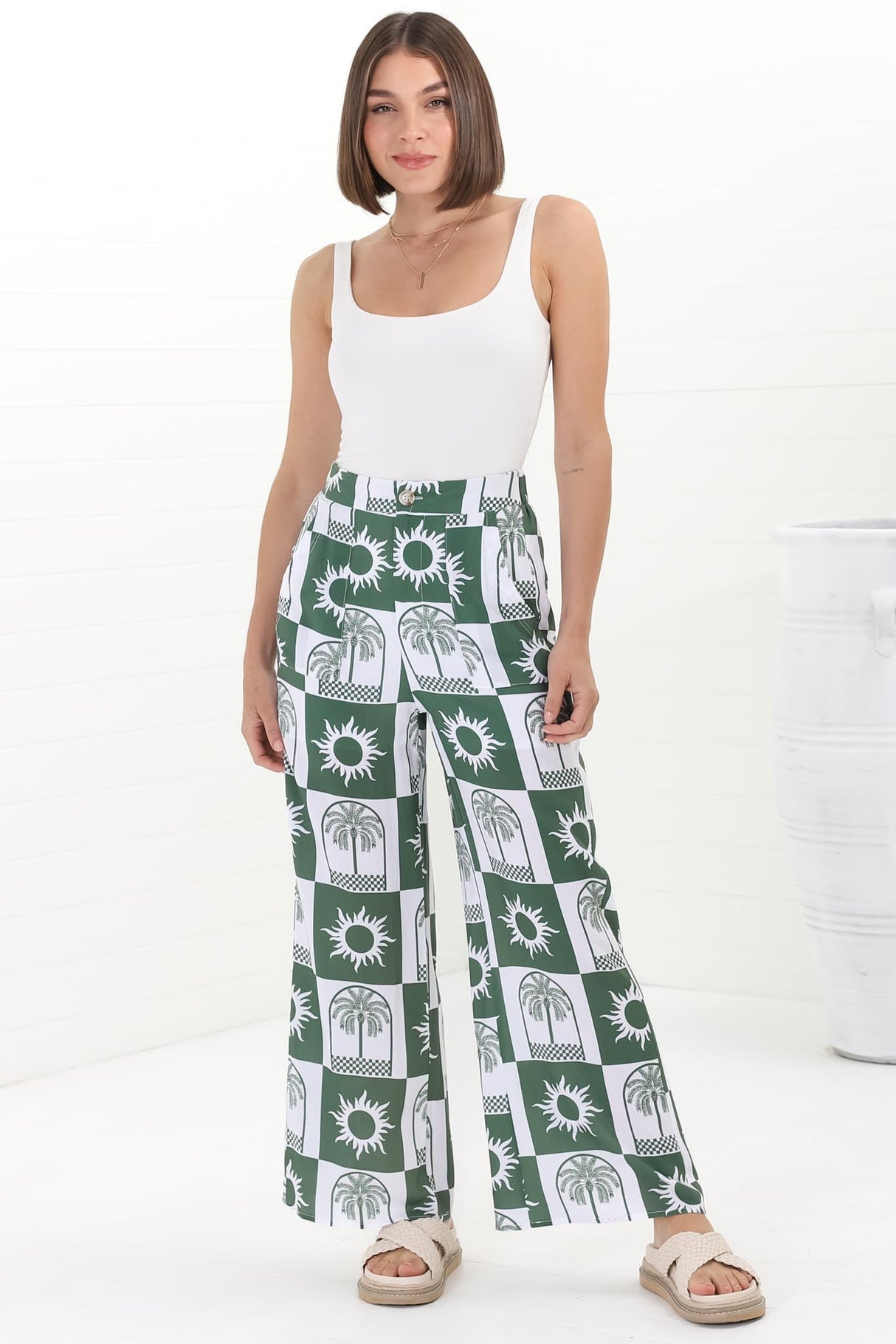 Georgie Pants - High Waisted Relaxed Straight Leg Pants in Layah Print Green