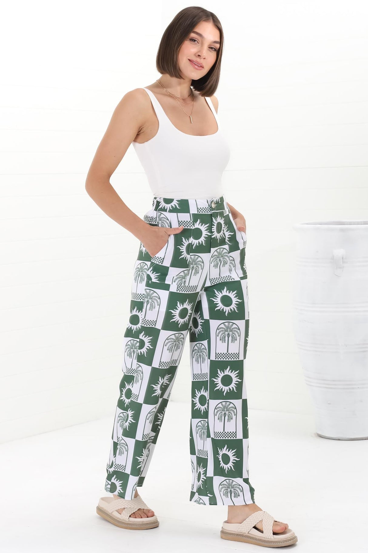 Georgie Pants - High Waisted Relaxed Straight Leg Pants in Layah Print Green