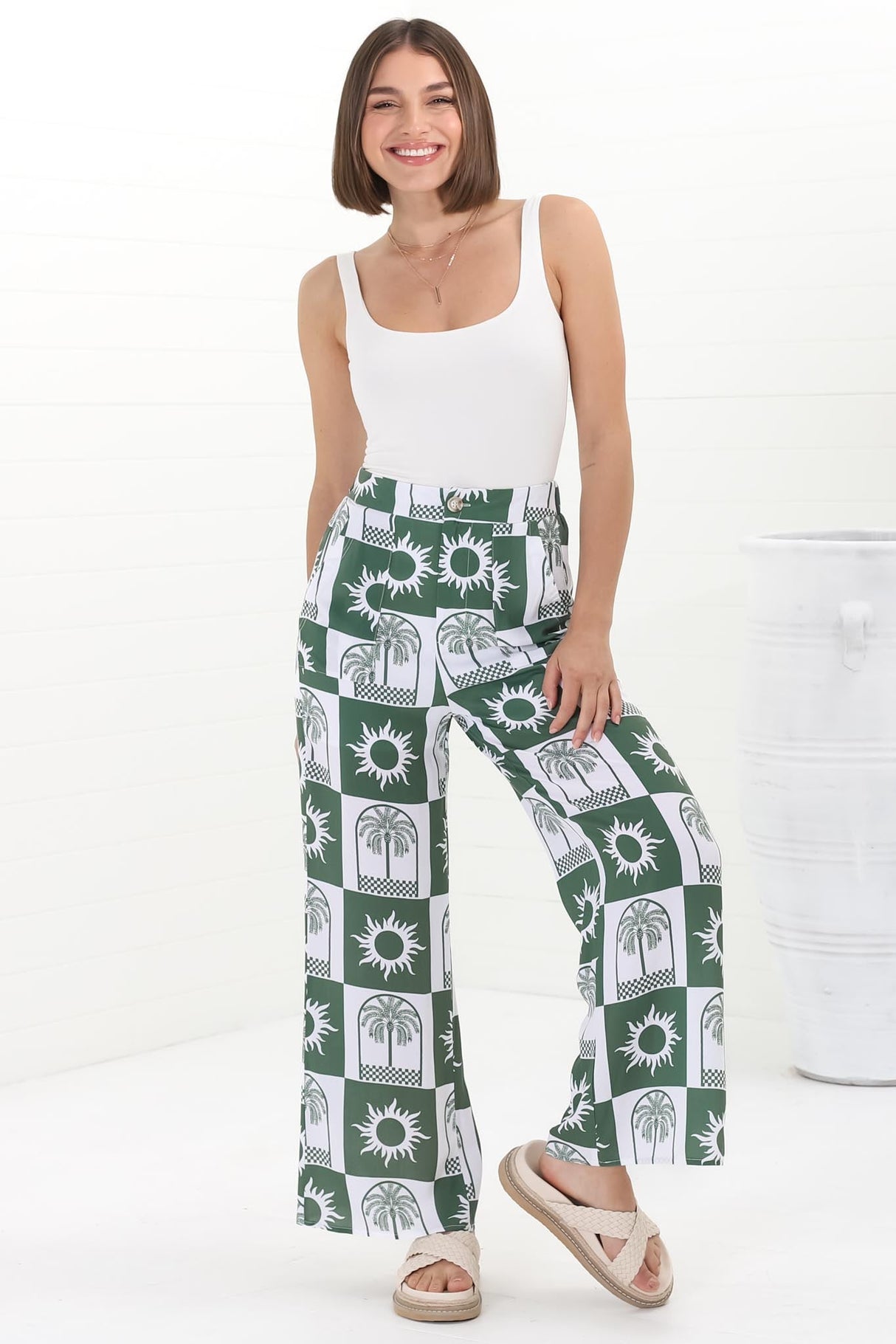 Georgie Pants - High Waisted Relaxed Straight Leg Pants in Layah Print Green