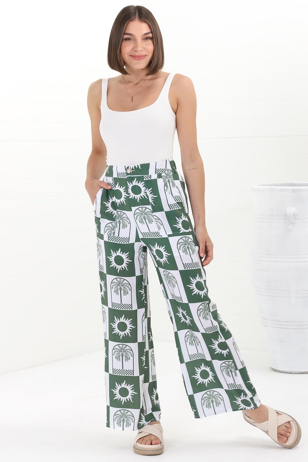 Georgie Pants - High Waisted Relaxed Straight Leg Pants in Layah Print Green