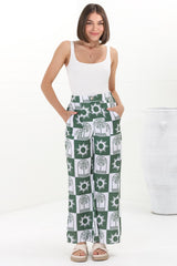 Georgie Pants - High Waisted Relaxed Straight Leg Pants in Layah Print Green