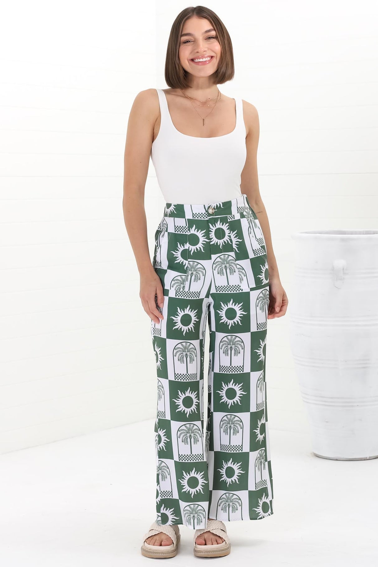 Georgie Pants - High Waisted Relaxed Straight Leg Pants in Layah Print Green