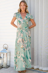 Georgina Midi Dress - V Neck Wrap Dress with Cap Flutter Sleeves in Emerson Print