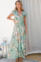 Georgina Midi Dress - V Neck Wrap Dress with Cap Flutter Sleeves in Emerson Print